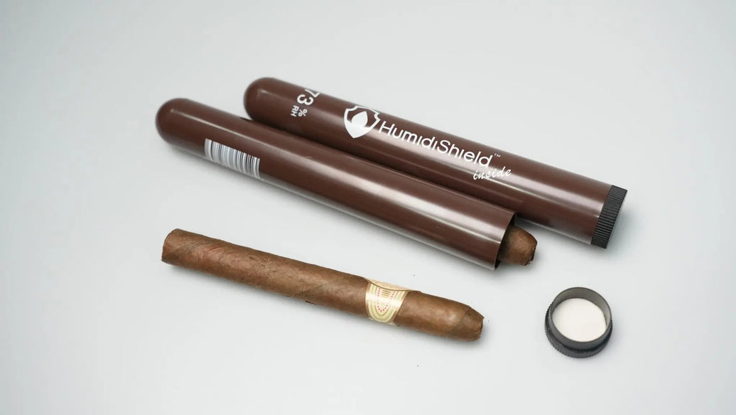 Cigar sealed inside a HumidiShield 73% RH tube for travel