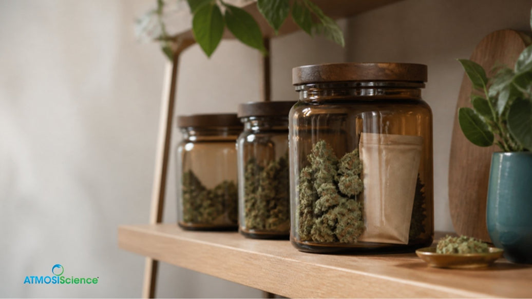Amber glass jars of cannabis on a kitchen shelf with a humidity sachet, the best humidity to store weed