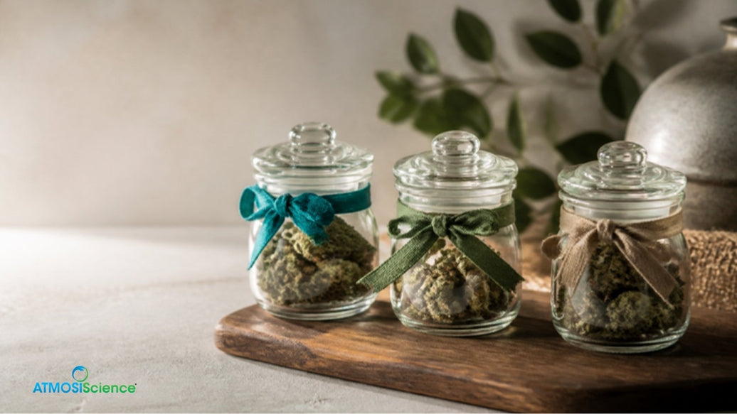 Three jars of cured cannabis in a row, comparing RH options for cured cannabis