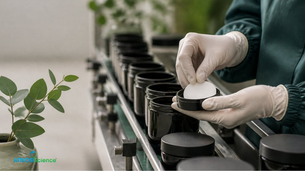 Packaging line of black glass jars with lid liners, cannabis packaging with built-in humidity control