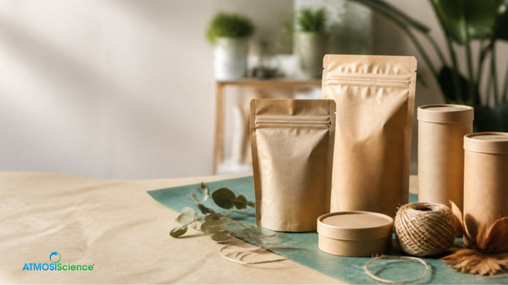 Kraft paper pouches and cardboard tubes, compostable cannabis packaging samples on recycled paper