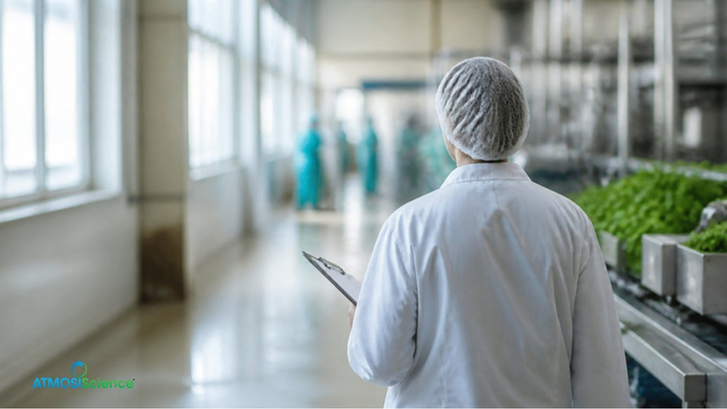 Auditor with a clipboard walking through a food production facility during a BRCGS or SQF audit