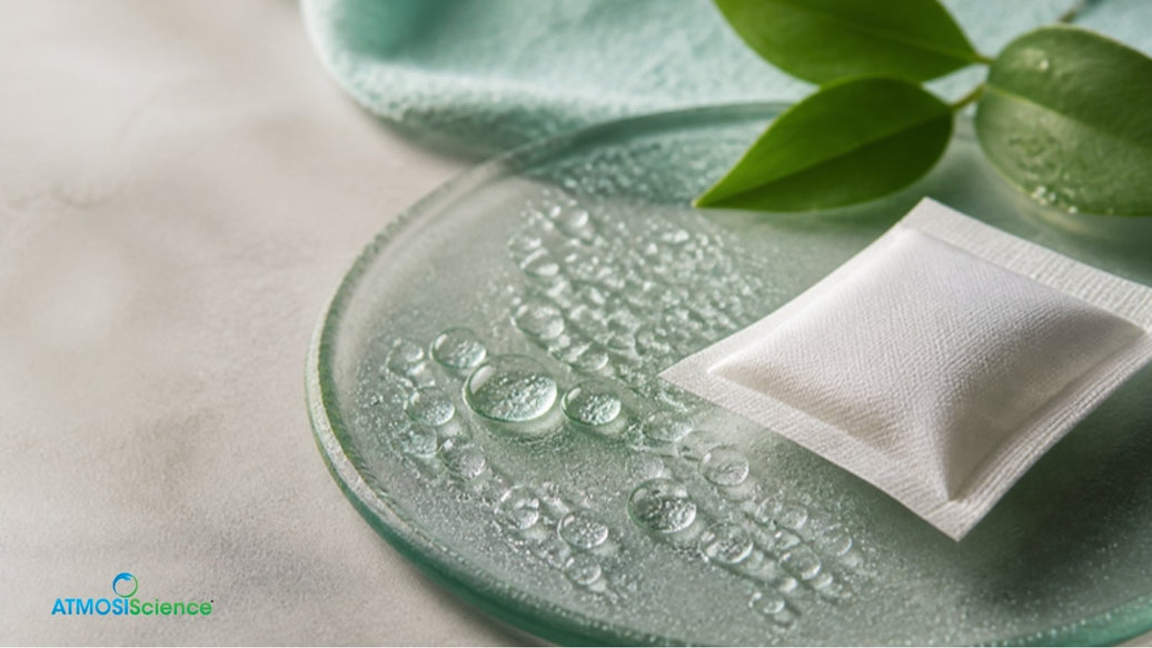 Water droplets on glass beside a white desiccant sachet, showing cost per gram of water adsorbed