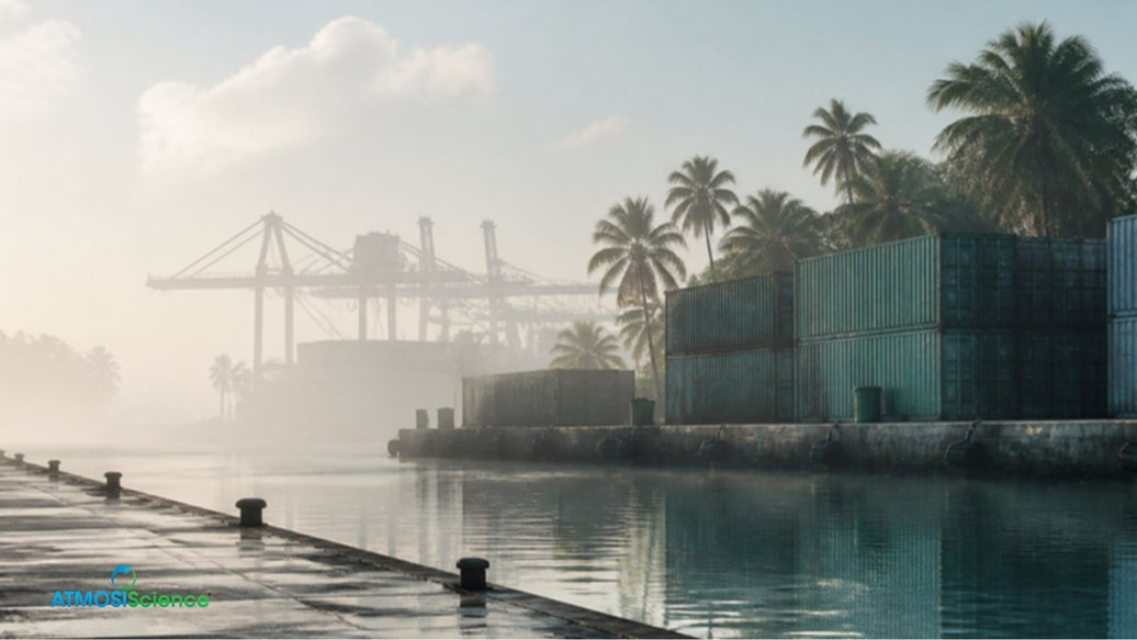 Humid tropical port at dawn with stacked containers, where powder shipments need desiccant sizing