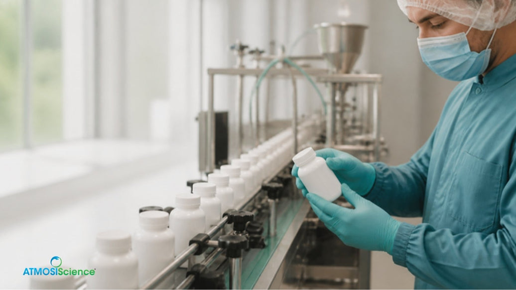 Gloved hands inspecting bottles on a pharma filling line during desiccant IQ OQ PQ validation