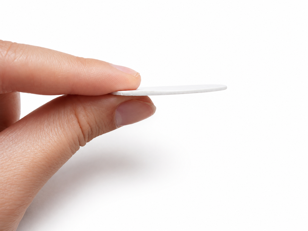 Compostable fiber desiccant sachet beside OK Compost, ASTM and BPI certification mark concepts