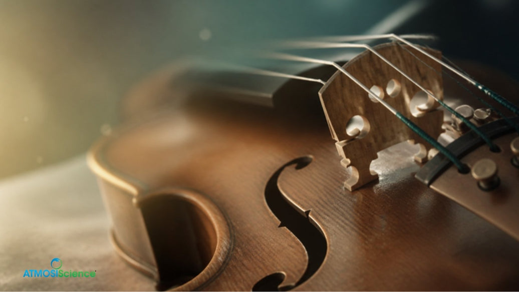 Close up of a violin bridge and f-hole, how humidity changes an instrument's tone