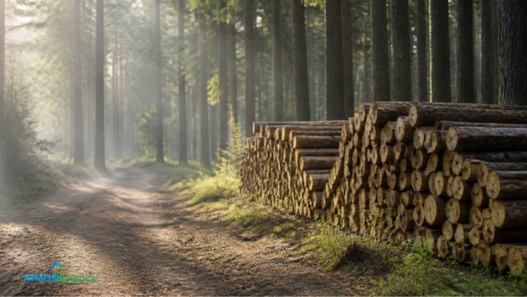 Managed forest with stacked pulpwood logs, the deforestation due diligence behind fiber desiccant