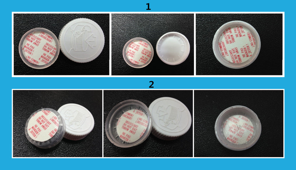 Film desiccant discs seated inside effervescent tube caps