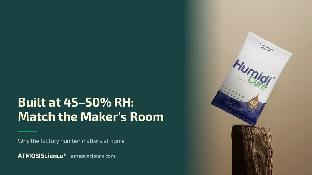 Guitars are built at 45–50% RH — match the maker's room at home | Humidi-Cure® 49% two-way humidity control by ATMOSIScience