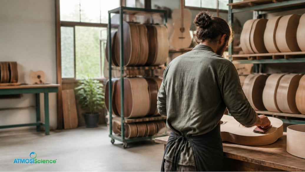 Unfinished acoustic guitar bodies on factory racks, why guitars are built at 45 to 50% RH