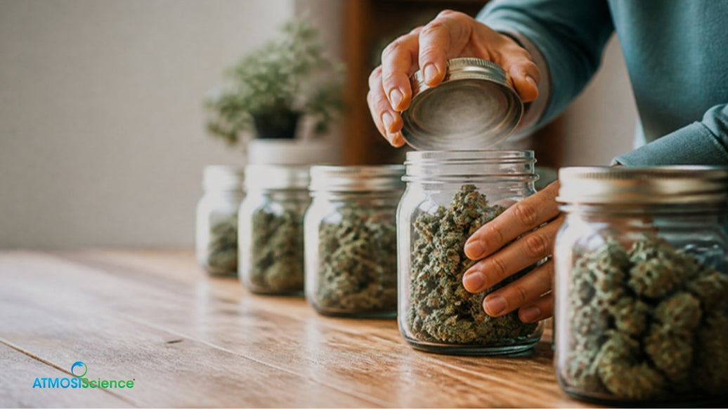 Hands opening a mason jar of curing cannabis during the burping stage