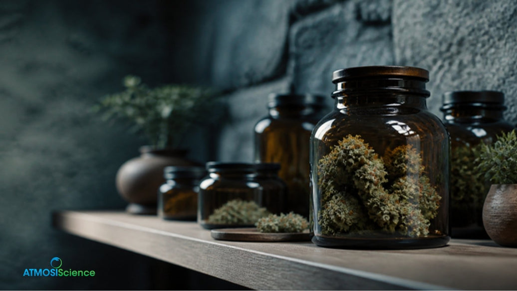 Amber jars of cannabis on a cool cellar shelf, how to store cannabis long-term without losing terpenes