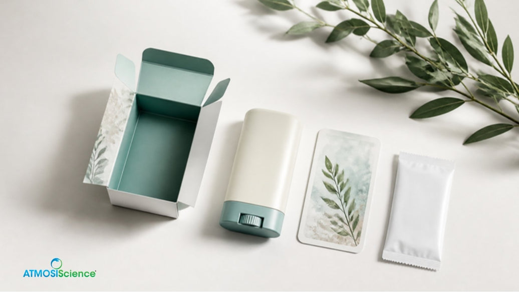 Flat lay of a product pack, insert and desiccant sachet, asking if a sachet is packaging under PPWR
