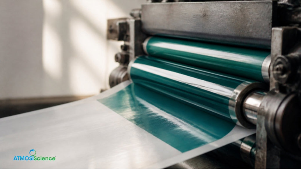 Printing press rollers applying ink to film, the source of ink migration risk on desiccant sachets