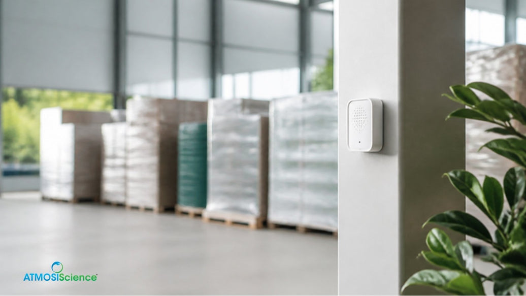 Warehouse with wrapped pallets and a wall-mounted sensor, relative humidity control across industries