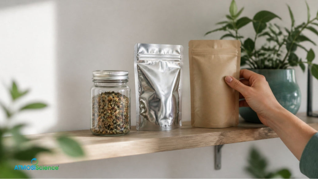 Mason jar, mylar pouch and zip pouch on a shelf, choosing the best way to store cannabis