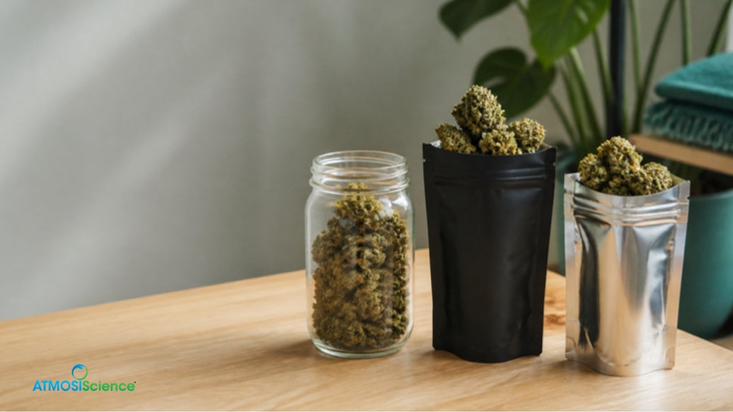 Mason jar, black pouch and mylar bag of cured cannabis side by side for storage comparison