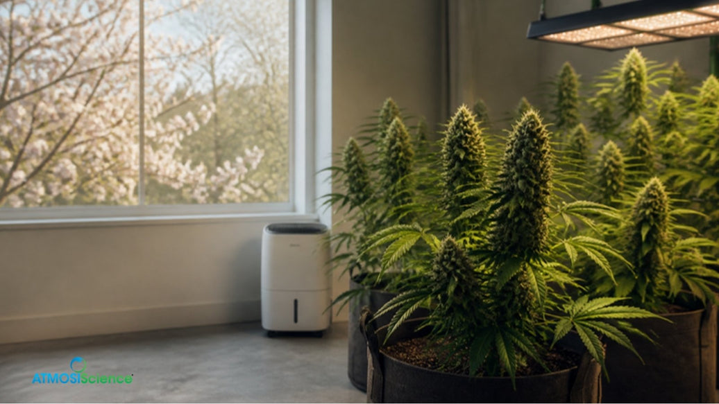 Cannabis grow room with a dehumidifier and spring blossoms outside, spring humidity grow room control