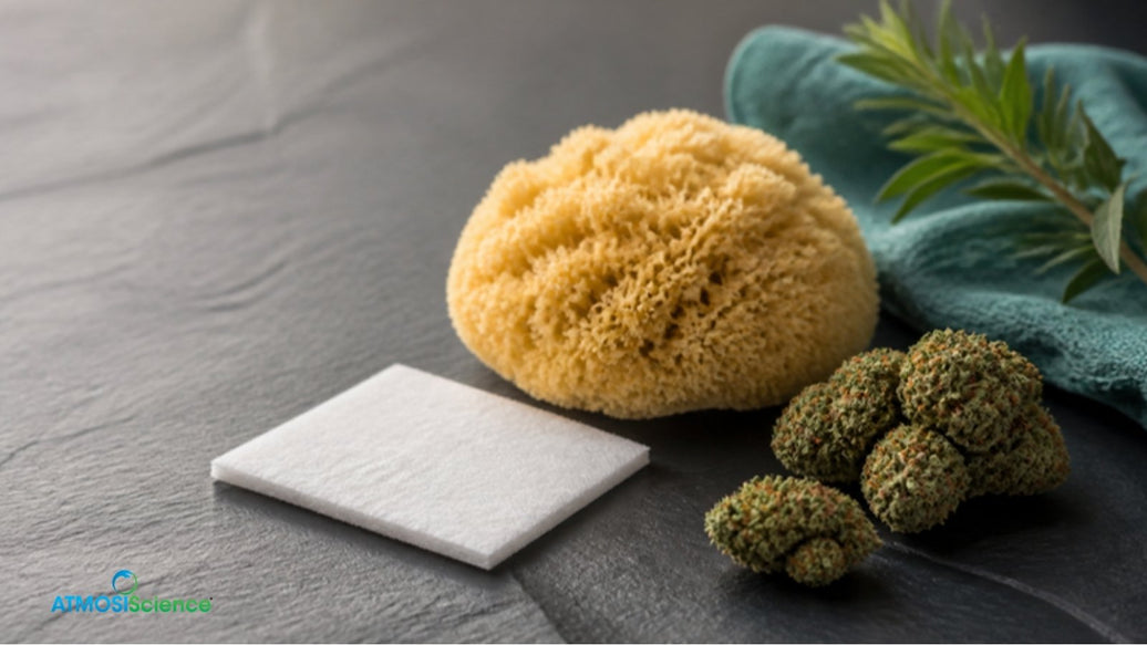 Sea sponge beside a white fiber pad and cannabis buds, illustrating 2-way humidity control