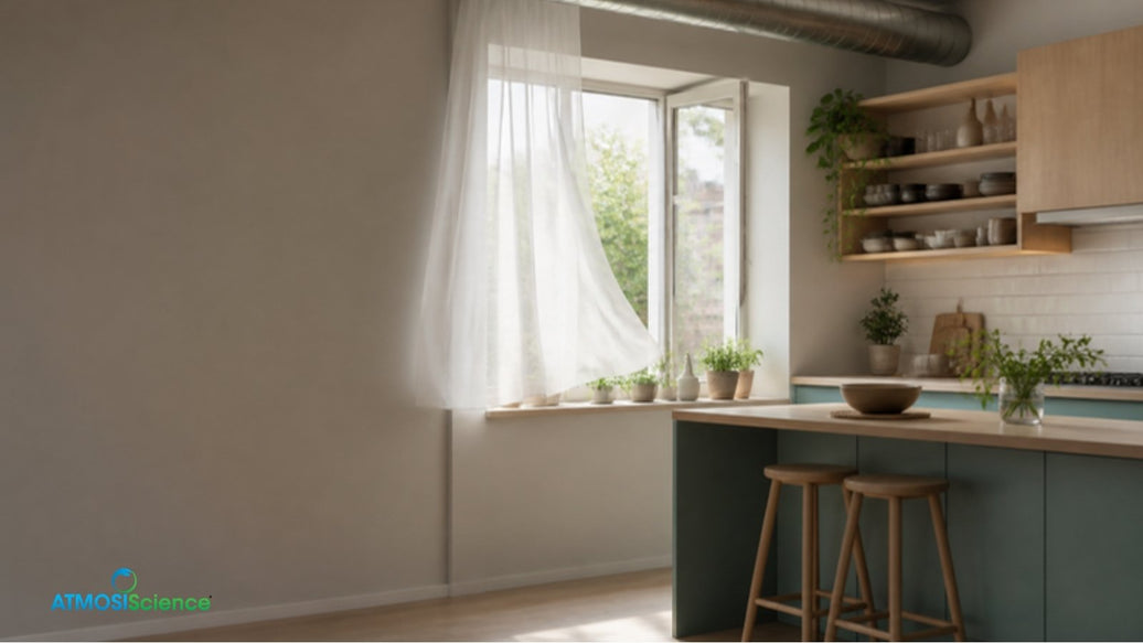Bright kitchen with an open window and sheer curtains, ventilation humidity control for indoor air quality