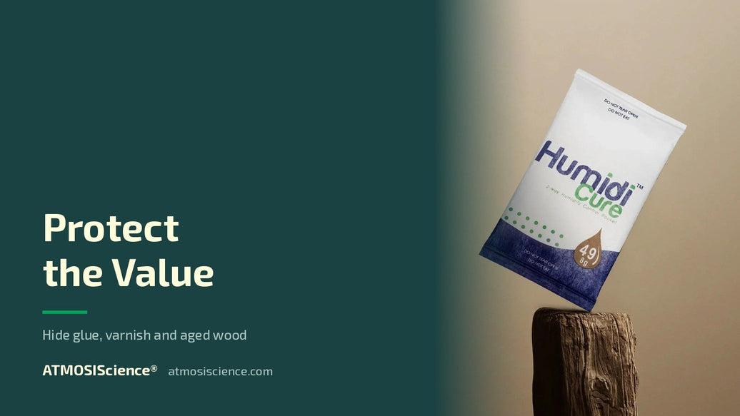 Vintage and antique instrument humidity — protecting value, varnish and hide glue | Humidi-Cure® 49% two-way humidity control by ATMOSIScience