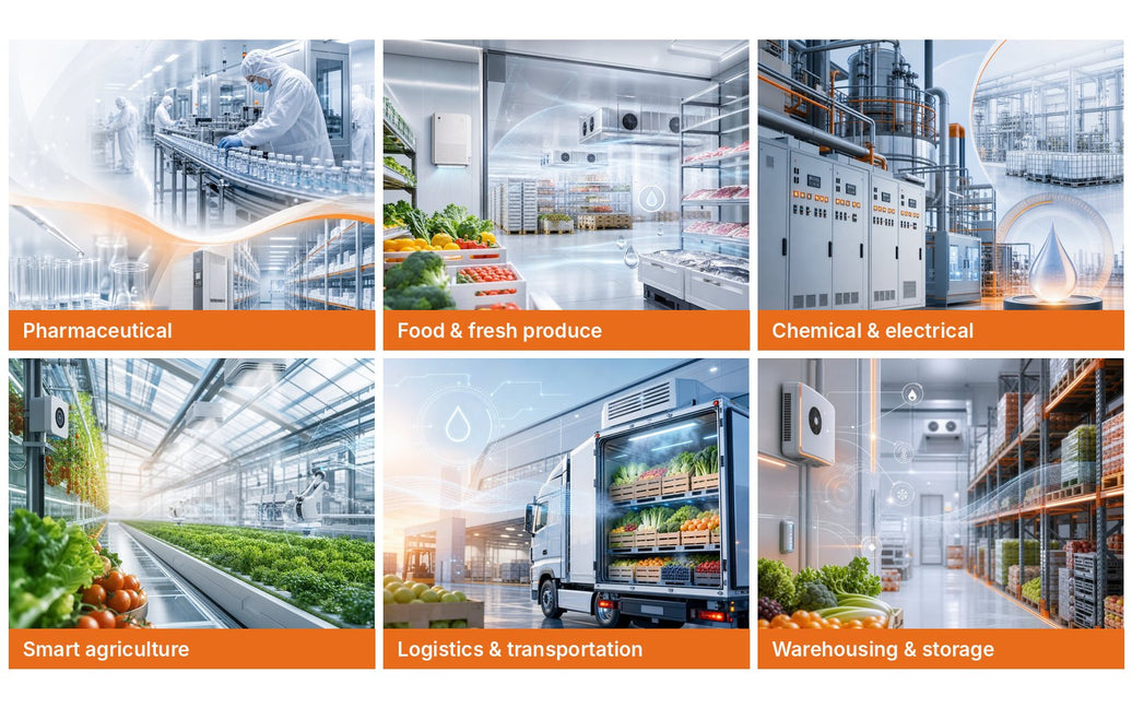 Six industries served by the HaaS temperature and humidity management system: pharmaceutical, food and fresh produce, chemical and electrical, smart agriculture, logistics and transportation, warehousing and storage