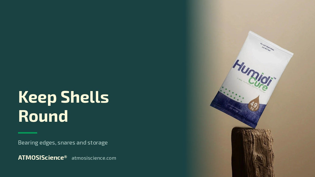 Wooden drum shells and percussion — humidity control for kits, snares and cases | Humidi-Cure® 49% two-way humidity control by ATMOSIScience