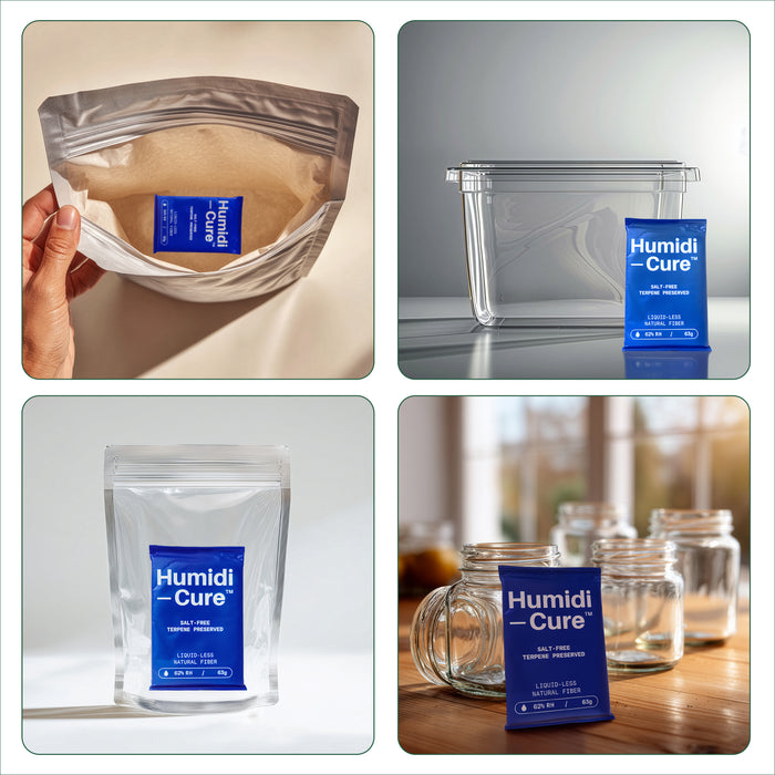 Humidi-Cure humidity pack in a storage bag, bin and mason jar