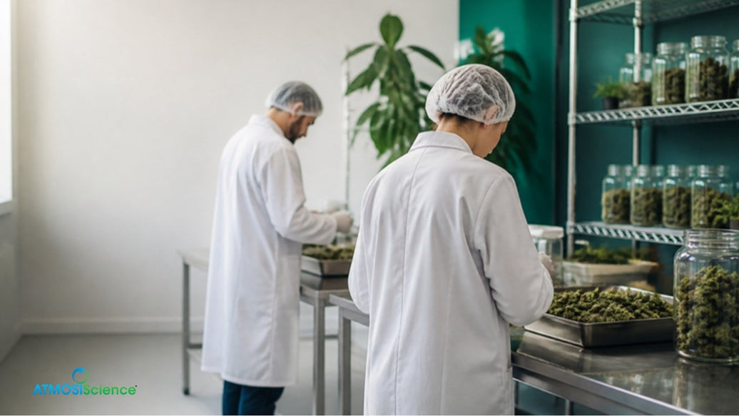 Cannabis industry lab staff in white coats inspecting buds on stainless steel tables