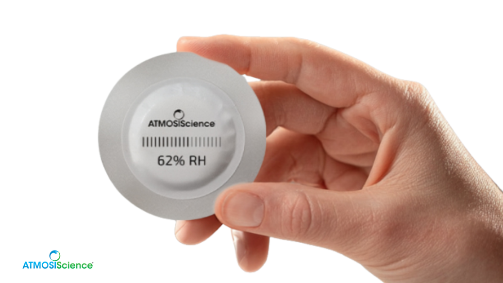 ATMOSIScience humidity-control jar liner with built-in 62% RH two-way fiber for cannabis brands