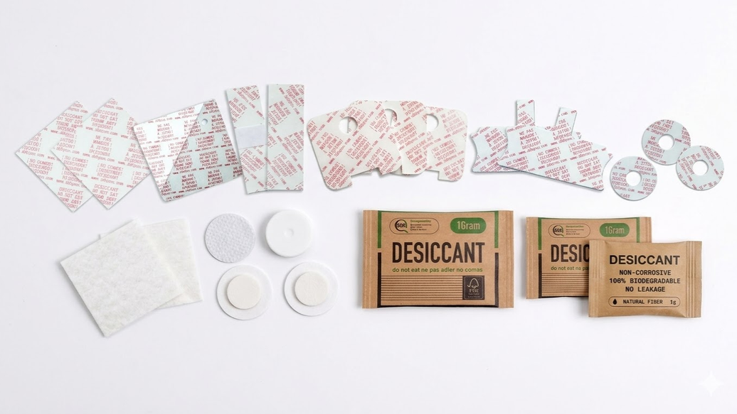 Die-cut filmed fiber desiccant pads for pharmaceutical blister packs and bottles