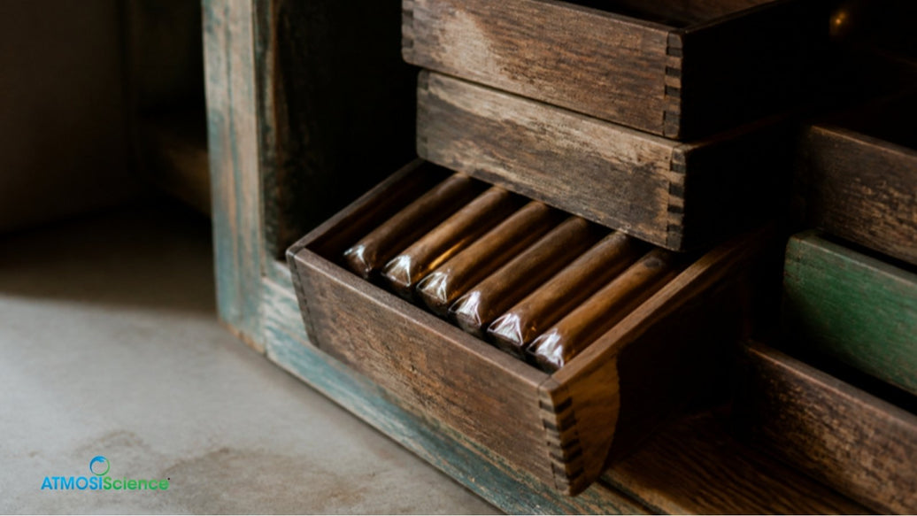Stacked aged cigar boxes and yellowed cellophane cigars in a dim cabinet, aging cigars at home
