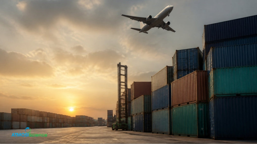 Container port with a cargo plane overhead, comparing air freight and sea freight desiccant sizing