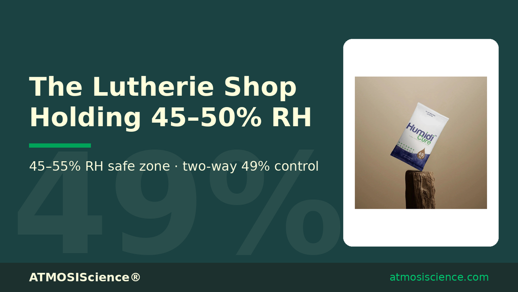 Lutherie shop humidity control guide, holding 45 to 50 percent RH, with Humidi-Cure 49% pack