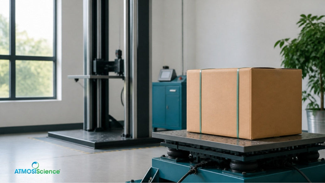 Cardboard shipping box on a package testing machine