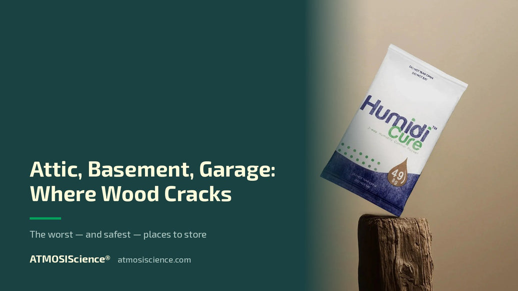 Attic, basement or garage instrument storage — where wood cracks | Humidi-Cure® 49% two-way humidity control by ATMOSIScience