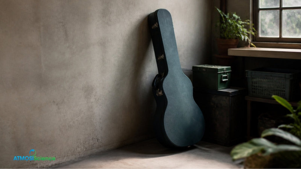 Guitar case leaning in a dim garage corner, one of the worst places for instrument storage
