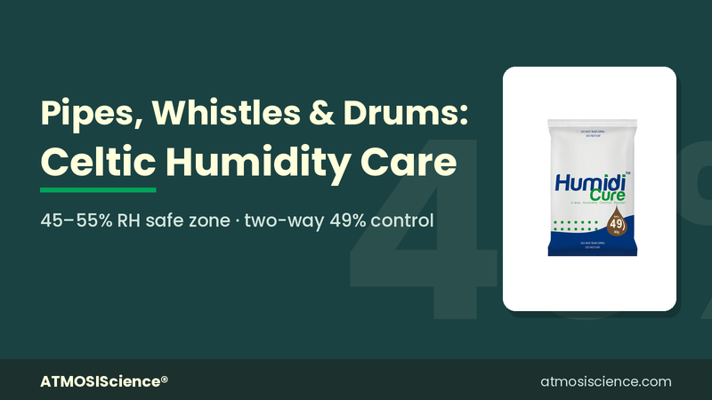 Bagpipe and Celtic instrument humidity care guide with two-way 49 percent humidity control pack