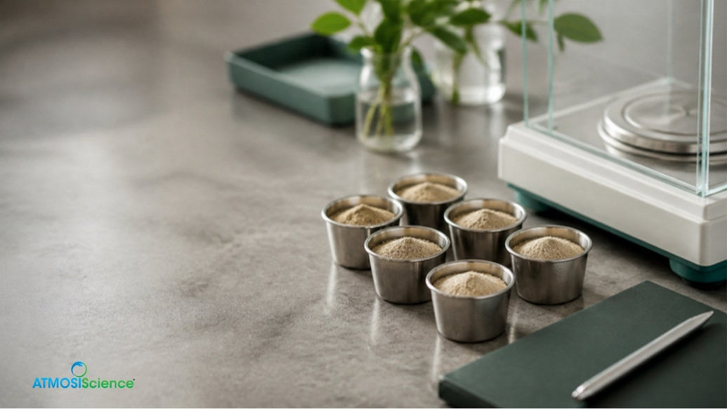 Small metal sample cups beside an analytical balance on a lab bench