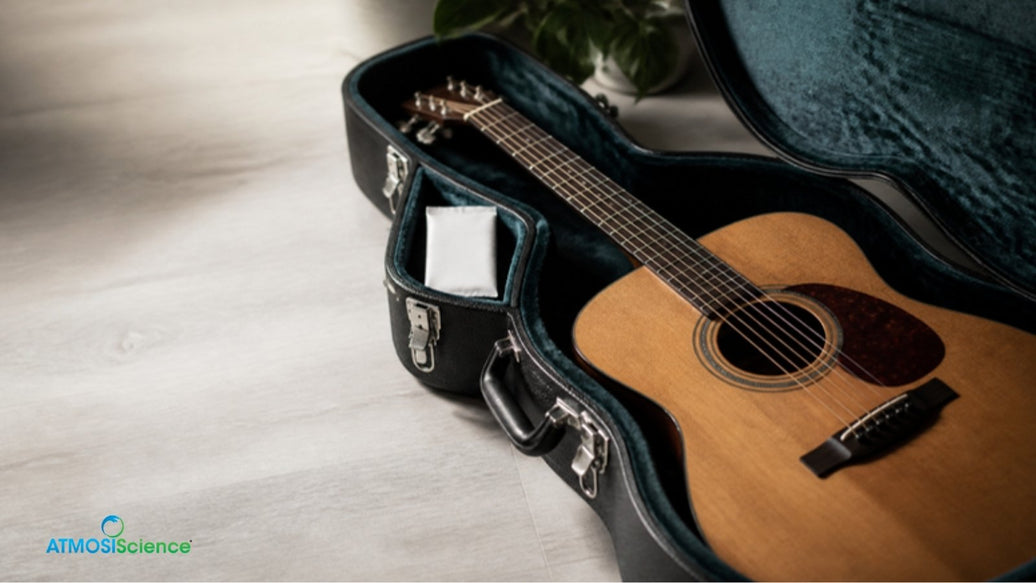 Acoustic guitar in an open hardshell case with a plain humidity pack in the accessory pocket