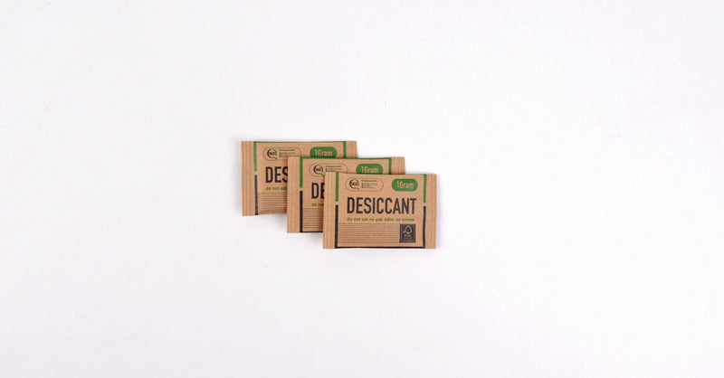 Biodegradable ATMOSIScience fiber desiccant sachets in kraft pouches with SGS and FSC marks