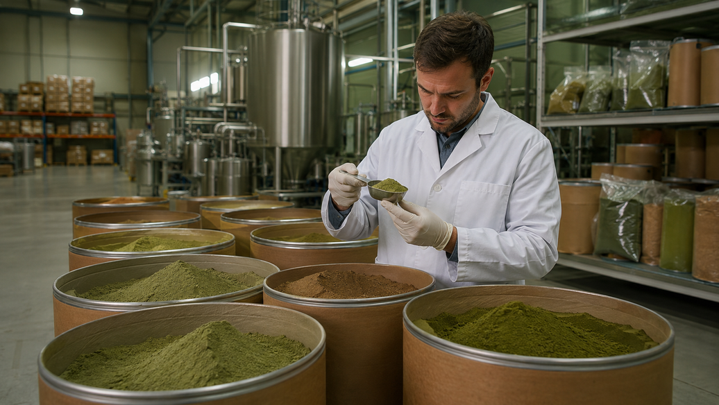 Technician inspecting hygroscopic botanical extract powder in fiber drums at an extract facility