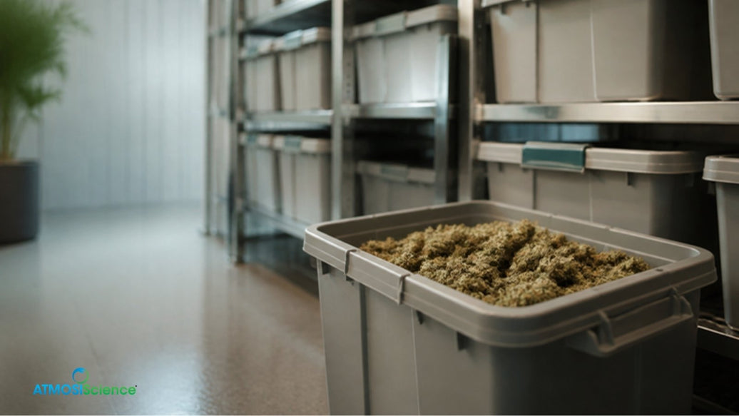 Lidded totes of cured flower on racks in a commercial vault, cannabis bulk storage at 62% RH