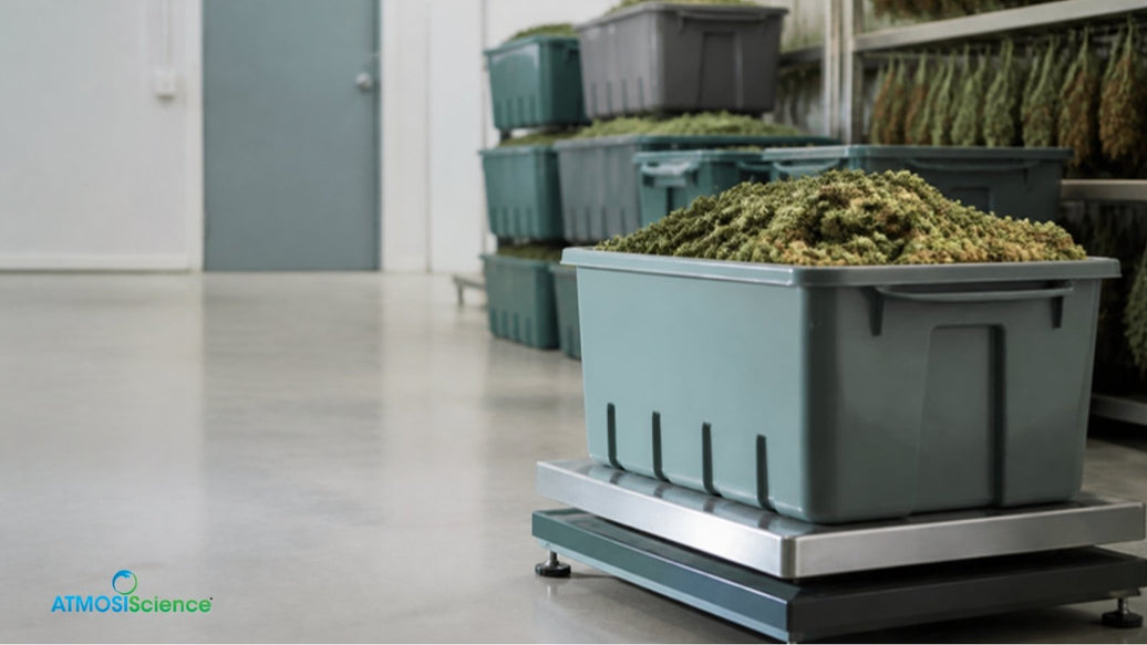Bin of cured cannabis on an industrial scale in a cannabis cure room, tracking weight loss