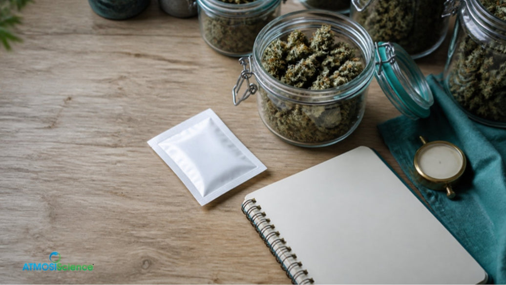 Grower's workbench with jars of cured flower and a humidity sachet, cannabis humidity control