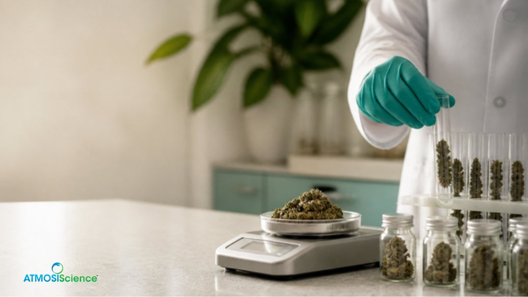 Gloved hands testing cannabis samples on a lab bench, cannabis potency and COA variability