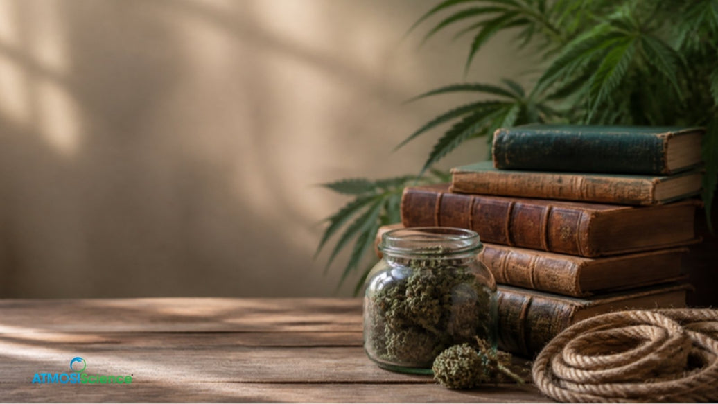 Antique books, hemp rope and a vintage jar of cannabis evoking 420 cannabis culture history