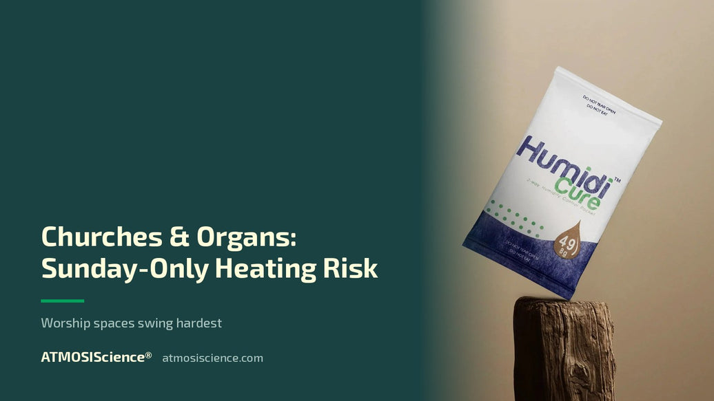 Church and worship space humidity — organs, pianos and backline instruments | Humidi-Cure® 49% two-way humidity control by ATMOSIScience