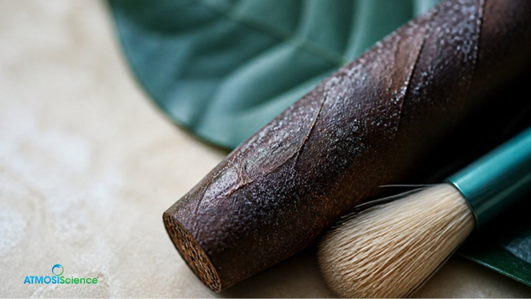 Close-up of a dark cigar wrapper beside a soft brush, checking cigar plume vs mold before tossing the box